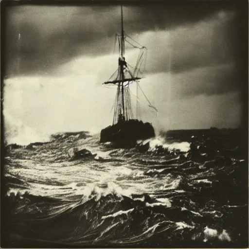 Prompt: “Spongebob in a violent stormy ocean, 1900s photograph”