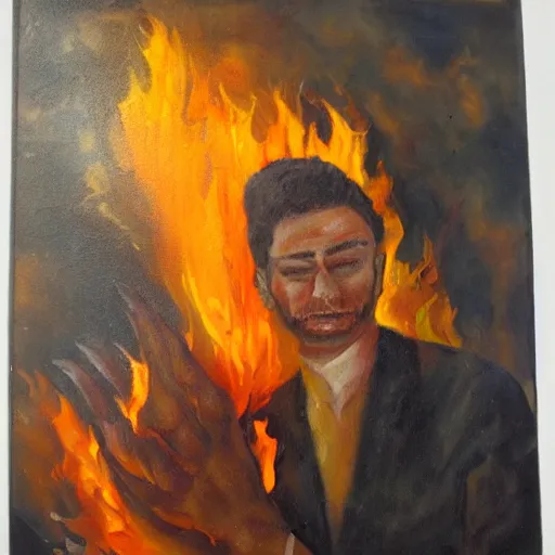 Image similar to a man controlling fire, oil painting