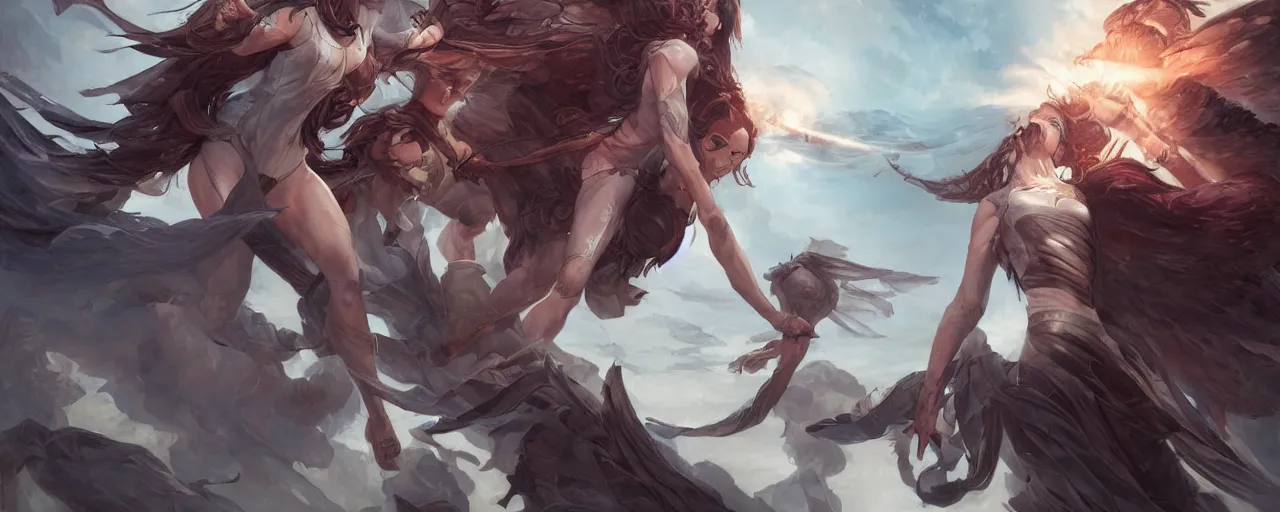 Prompt: battle of angels by magali villeneuve, artgerm, greg rutkowski, digital art, sharp focus, award winning,