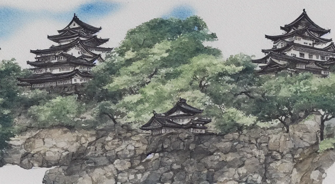 Image similar to a watercolour painting of a Japanese castle