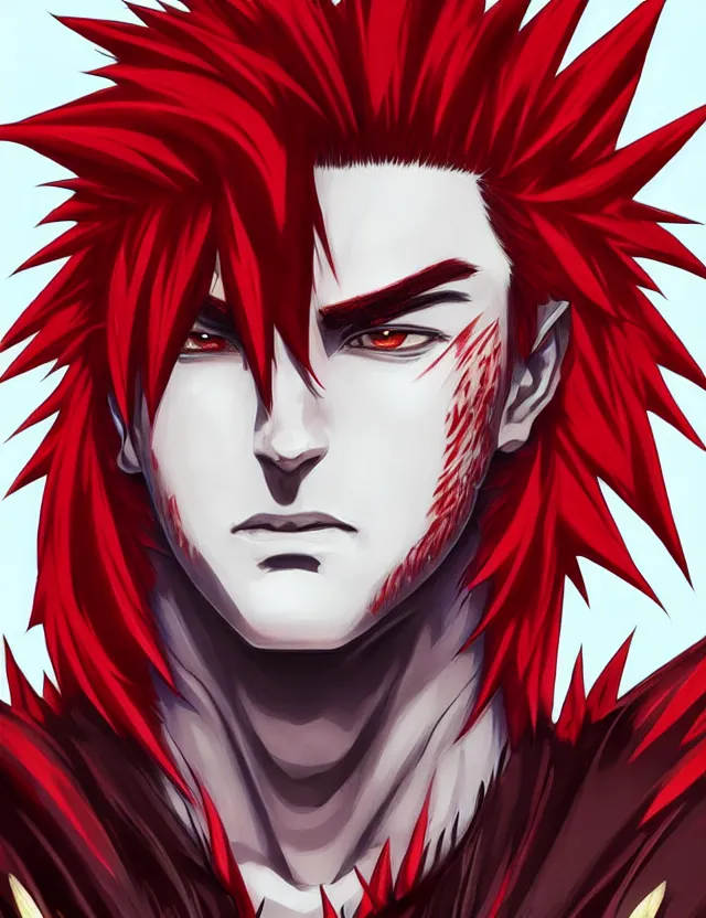 Image similar to a detailed manga portrait of a handsome man with spiked crimson hair in fiery crimson crystalline armour, trending on artstation, digital art, 4 k resolution, detailed, high quality, sharp focus, hq artwork, coherent, insane detail, character portrait