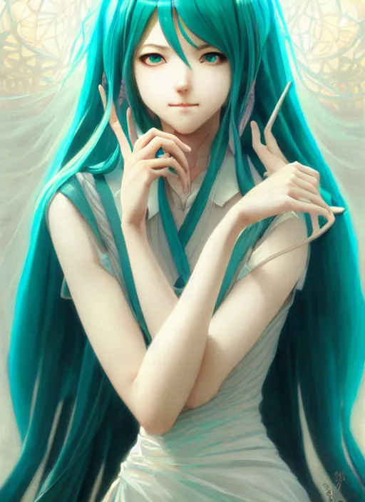 Prompt: hatsune miku, intricate, elegant, highly detailed, digital painting, artstation, concept art, smooth, sharp focus, illustration, art by artgerm and greg rutkowski and alphonse mucha