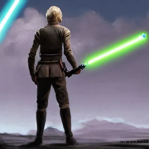 Image similar to full body Over-the-Shoulder Shot of a young blonde male jedi with short hair holding a lightsaber concept art by Doug Chiang cinematic concept art, realistic painting, high definition, digital art, matte painting, symmetrical, very detailed, realistic, dramatic lighting, cinematic, establishing shot, extremely high detail, photo realistic, cinematic lighting, post processed, concept art, artstation, matte painting, red color scheme, the Mandalorian concept art style