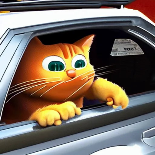 Image similar to garfield the cat driving car into side of pizzeria