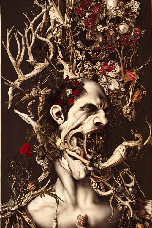 Image similar to Detailed maximalist portrait a greek god with large lips and with large white eyes, exasperated expression, botany bones, HD mixed media, 3D collage, Grimm fury takes character, highly detailed and intricate, surreal illustration in the style of Caravaggio, dark art, baroque