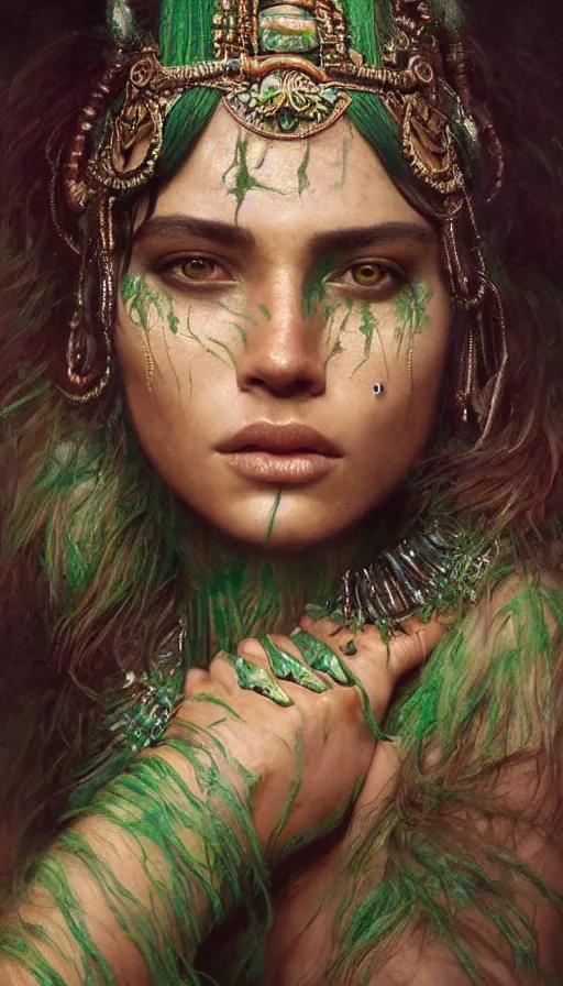 Image similar to epic masterpiece portrait of a beauty, tribal makeup and jewelry, sweaty skin, hyperrealistic, octane render, cinematic, beautiful face and flawless skin, perfect hands, emeralds by Edgar Maxence and Ross Tran and Michael Whelan, Legends of Runeterra