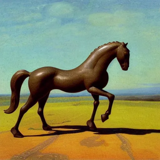 Prompt: A beautiful sculpture of a horse. The horse is shown running through a field with a flowing mane and tail. The background is a peaceful blue sky. Bondi blue by Paul Ranson, by Thomas Benjamin Kennington emotive, quiet