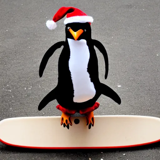 Image similar to penguin in santa hat on skateboard