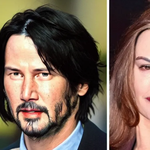 Prompt: a woman who is a genetic combination of keanu reeves and leonardo dicaprio face and upper - body focus