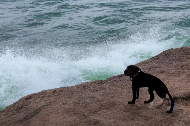 Prompt: a puppy is looking directly at the wavy water current below it while it stands at an edge of a cliff