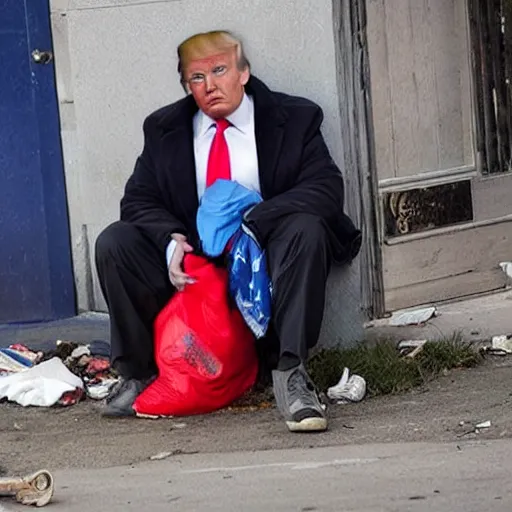 Image similar to donald trump dressed as a homeless man living in the slums