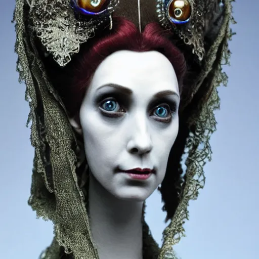 Image similar to photo taken of an epic intricate, ultra detailed, super realistic bust of a majestic gracious regal beautiful aristocratic victorian female vampire stop motion puppet created by weta workshop directed by tim burton, menacing, some zoomed in shots, photorealistic, sharp focus, extremely cold blueish colour temperature, 3 5 mm, f 1. 4