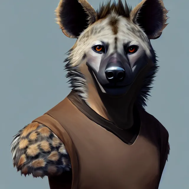 Image similar to character concept art of a male anthropomorphic furry hyena | | cute - fine - face, pretty face, key visual, realistic shaded perfect face, fine details by stanley artgerm lau, wlop, rossdraws, james jean, andrei riabovitchev, marc simonetti, and sakimichan, trending on artstation