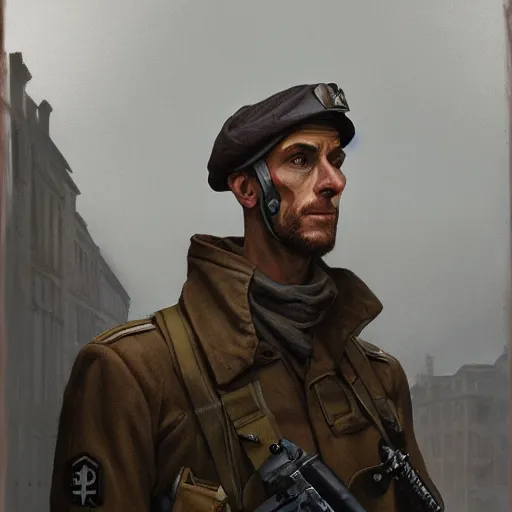 Image similar to a detailed matte painting of a cyborg velociraptor french resistance fighter wearing a beret, in nazi occupied france, 8 k, artstation, art by greg rutkowski and alphonse mucha