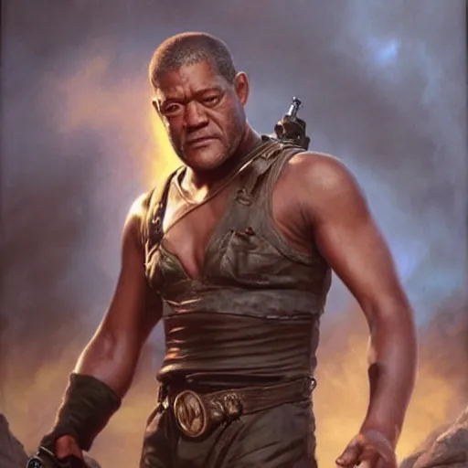 Prompt: a beautiful matte painting of laurence fishburne in an action movie, by steve argyle and mark arian