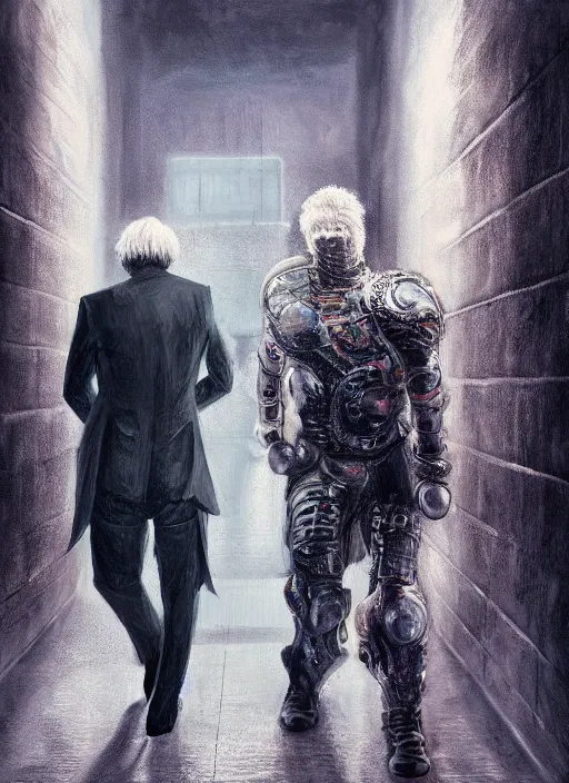 Prompt: ultra realist and ultra intricate detailed soft painting of a metal Putin fighting Boris Johnson in a futuristic hallway, sensual gloomy style, volumetric clouds, artstation, unreal render, depth of field