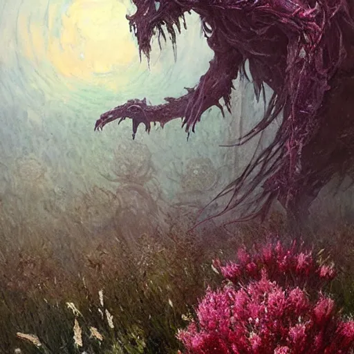 Image similar to a beautiful terrifying monster made of flowers. ethereal horror fantasy art by greg rutkowski and raymond swanland and monet