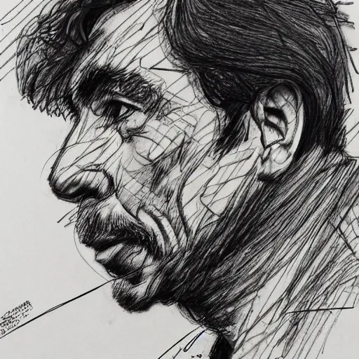 Prompt: a realistic yet scraggly portrait sketch of the side profile of a stern and sophisticated john travolta, trending on artstation, intricate details, in the style of frank auerbach, in the style of sergio aragones, in the style of martin ansin, in the style of david aja, in the style of mattias adolfsson