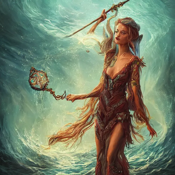 Image similar to sea witch casting a spell in the water, d & d style, trending on artstation, intricate, highly detailed, vivid painting, colorful, art by alexandr leskinen