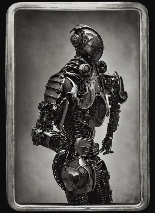 Prompt: old wetplate daguerreotype portrait of a futuristic silver armored knight district 9 cyborg, fractal, intricate, elegant, highly detailed, subsurface scattering, by jheronimus bosch and greg rutkowski,