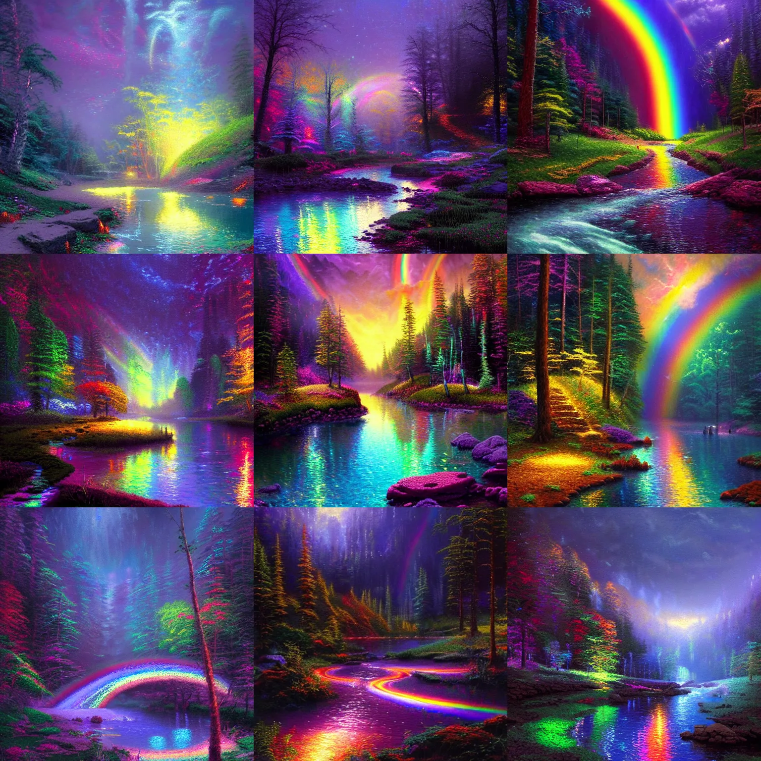 Prompt: glowing rainbow river, evocative, dark night, detailed, award - winning, trending on artstation artwork by thomas kinkade,