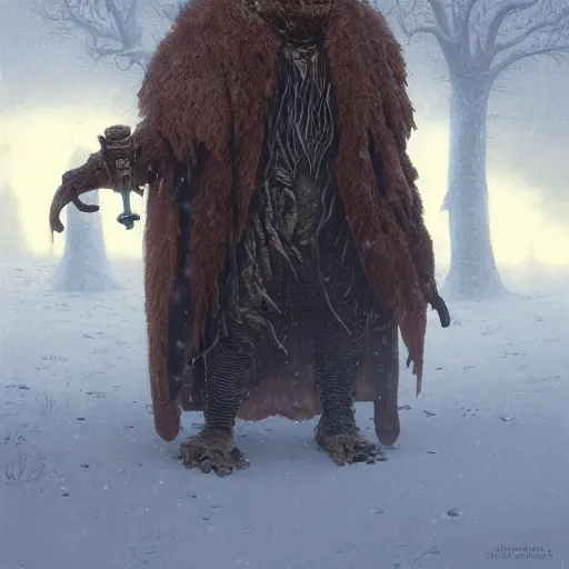 Prompt: anthropomorphic snappingturtle humanoid, pointy shell, greg rutkowski, barbarian, tim hildebrandt, winter, ice, snow, fur jacket, wayne barlowe, fantasy