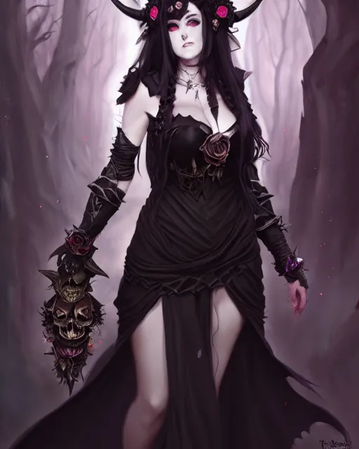 Prompt: dark sorceress in beautiful dress surrounded by black roses horns and skulls, cushart krenz, very detailed, realistic face, detailed face, matte, tonemapping, bbwchan, perfection, 4 k, cushart krenz