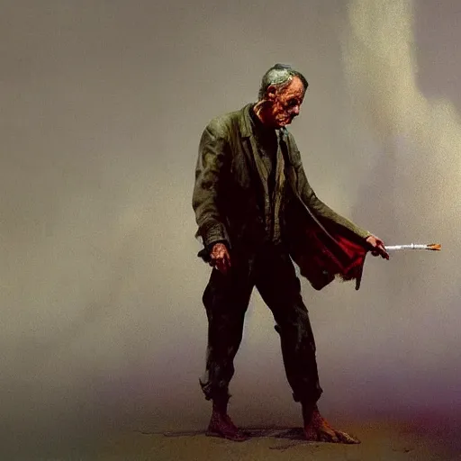 Image similar to a highly detailed epic cinematic concept art CG render digital painting artwork costume design: Henry Fonda as a 1950s tired disillusioned poet, barefoot, smoking a cigar. volumetric lighting. By Greg Rutkowski, in the style of Francis Bacon and Syd Mead and Norman Rockwell and Beksinski, open ceiling, highly detailed, painted by Francis Bacon and Edward Hopper, painted by James Gilleard, surrealism, airbrush, Ilya Kuvshinov, WLOP, Stanley Artgerm, very coherent, triadic color scheme, realistic facial expression, art by Takato Yamamoto and James Jean