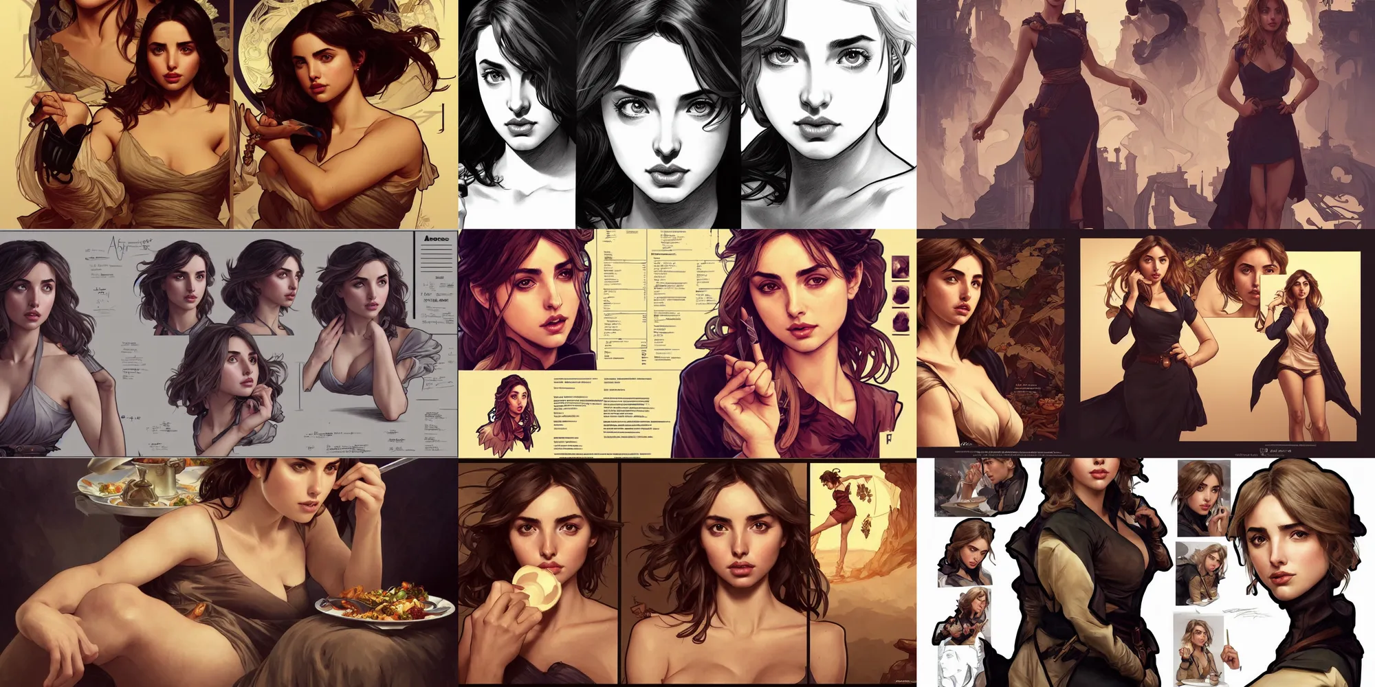 Prompt: ana de armas eating dinner, character sheet, character design, contrast, deep focus, turnaround, highly detailed, dramatic lighting, digital painting, artstation, concept art, matte, sharp focus, illustration, elegant, art by artgerm and greg f and alphonse mucha.