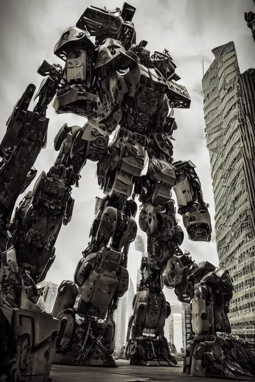 Image similar to portrait cinematography of beautiful young female, clothed in sci-fi military armor, long hair blowing in the wind. Giant mechs in the streets of Hong Kong. by Anita Sadowska