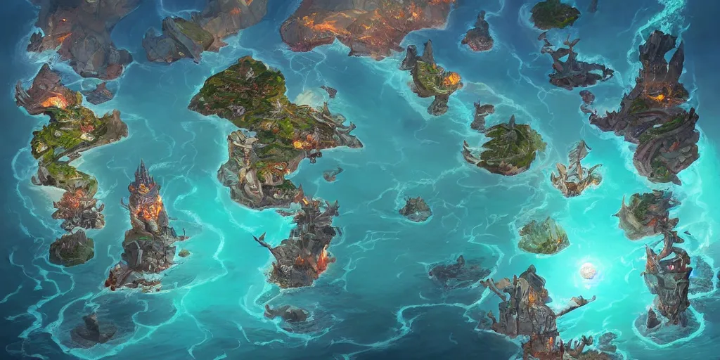 Image similar to Dungeons and dragons world map, there is a big interior sea in one of the two continents, mattepainting concept Blizzard pixar maya engine on stylized background splash comics global illumination lighting artstation lois van baarle, ilya kuvshinov, rossdraws