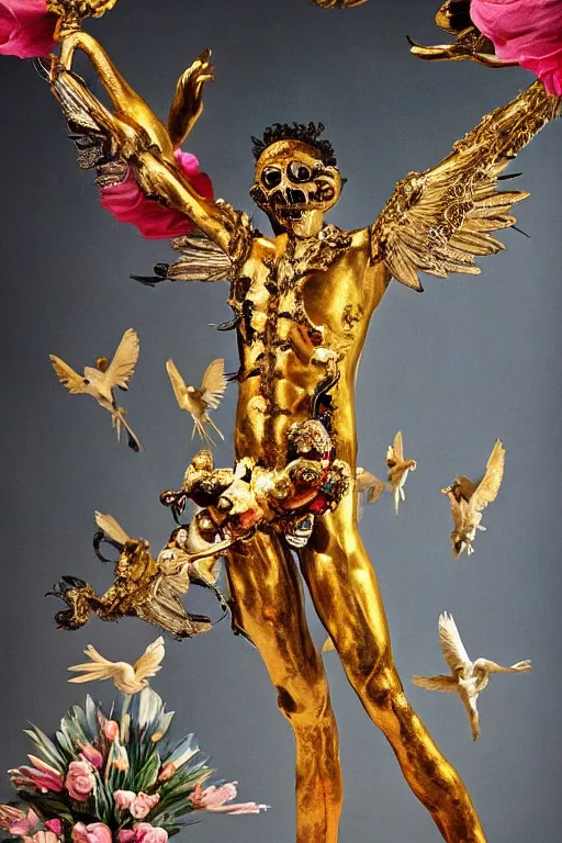 Image similar to Jean-Michel Basquiat as a full-body golden baroque statue of Icarus in the posing like a bird for flight, crown of peach roses, flowing pink-colored silk, fabric, flowers. baroque elements, human skull. full-length view. baroque element. intricate artwork by caravaggio. many many birds birds on background. Trending on artstation. halo. octane render, cinematic, hyper realism, octane render, 8k, depth of field, 3D