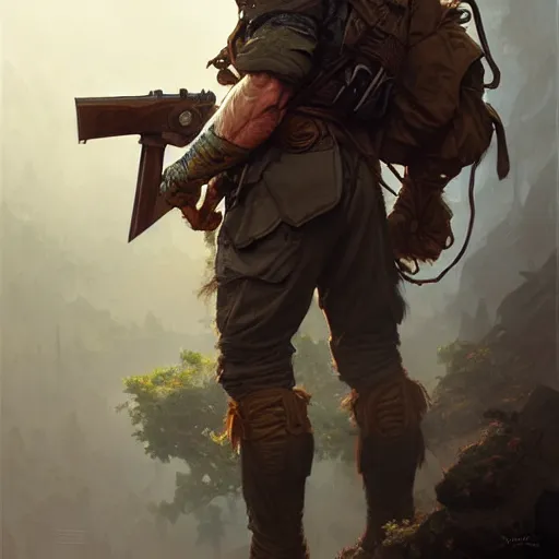 Image similar to young rugged ranger, muscular,, hairy thighs, D&D, fantasy, intricate, cinematic lighting, highly detailed, digital painting, artstation, concept art, smooth, sharp focus, illustration, art by Artgerm and Greg Rutkowski and Alphonse Mucha