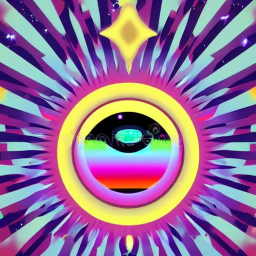 Prompt: a glowing colorful minimal elegant crown sitting on a table with one beautiful eye on top of it like a jewel, one pupil in the eye, shining stars on top of the crown, night time, vast cosmos, geometric light rays exploding outwards into stars, bold black lines, flat colors, minimal psychedelic 1 9 5 0 s poster illustration