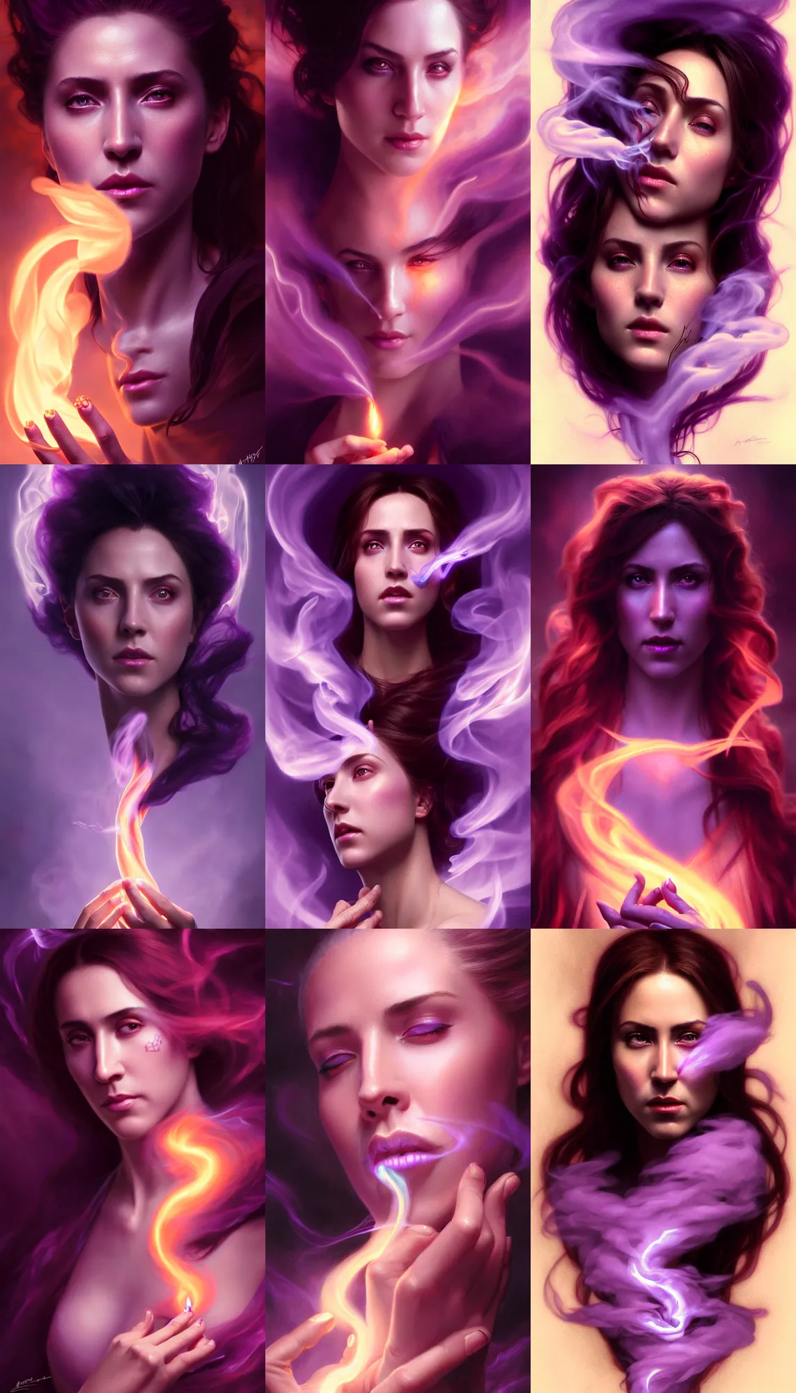 Prompt: feminine shaped wisp of smoke, with the face of Nicholas Cage, emerging from a deep purple glowing abyss, hyperrealistic, octane render, cinematic, beautiful face and flawless skin, perfect hands, 5 fingers, art by artgerm and greg rutkowski and alphonse mucha