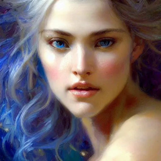 Image similar to detailed cinematic wide shot of beautiful attractive woman slim face symettrical face clean skin blue eyes white hair, ultra realistic, spring light, painting by gaston bussiere, craig mullins, j. c. leyendecker