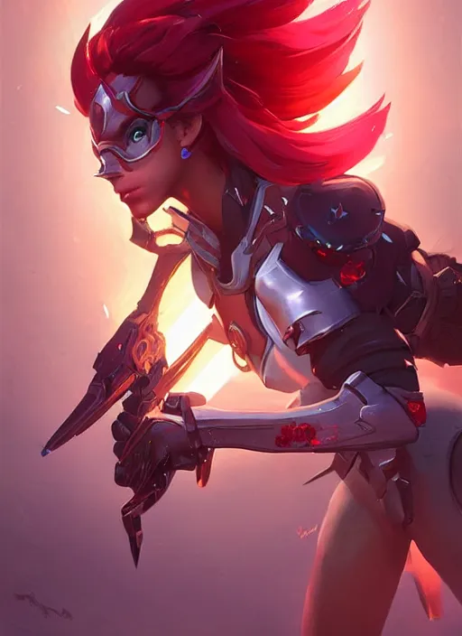 Image similar to beautiful new character for overwatch, full body armor, dual wielding swords, super powers, long red hair, intricate design, shiny, art by artgerm and greg rutkowski