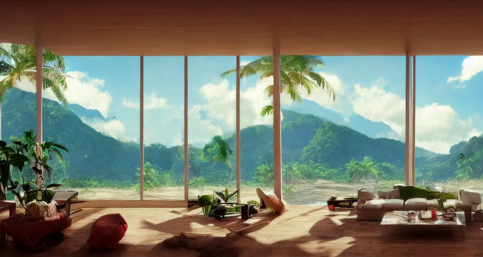 Image similar to big window, mountains in background, cloud forest in background, tropical beach in background, late afternoon, clear sky, living room, furniture, IKEA catalogue, futuristic, ultra realistic, ultra detailed, cinematic light, anamorphic, by Paul Lehr