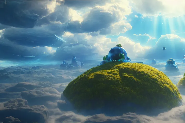 Prompt: cute, enormous, blue shiny creatures flying through floating islands, extreme cloud formations, uncanny, cinematic lighting, thomas cole, still from inside out, octane render, ray tracing, volumetric lighting, 4 k