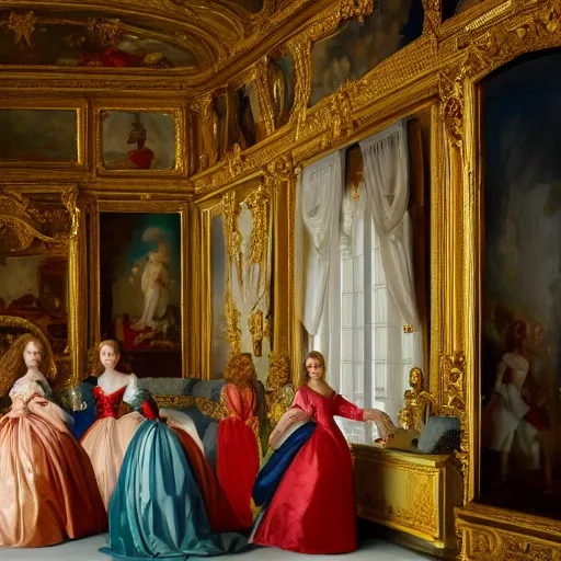 Prompt: fine art, oil on canvas. six women in the mirrors room in the palace of versailles in france wearing fine clothes, no faces visibles. dark room with light coming through the right side. baroque style 1 6 5 6. high quality realistic recreation of illumination shadows and colors, no distortion on subject faces.