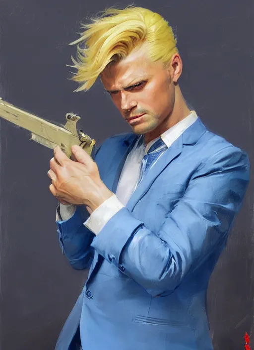 Image similar to greg manchess portrait painting of a blond man in a blue suit with a sword and a pistol, asymmetrical, profile picture, organic painting, sunny day, matte painting, bold shapes, hard edges, street art, trending on artstation, by huang guangjian, gil elvgren, ruan jia, randy vargas, greg rutkowski