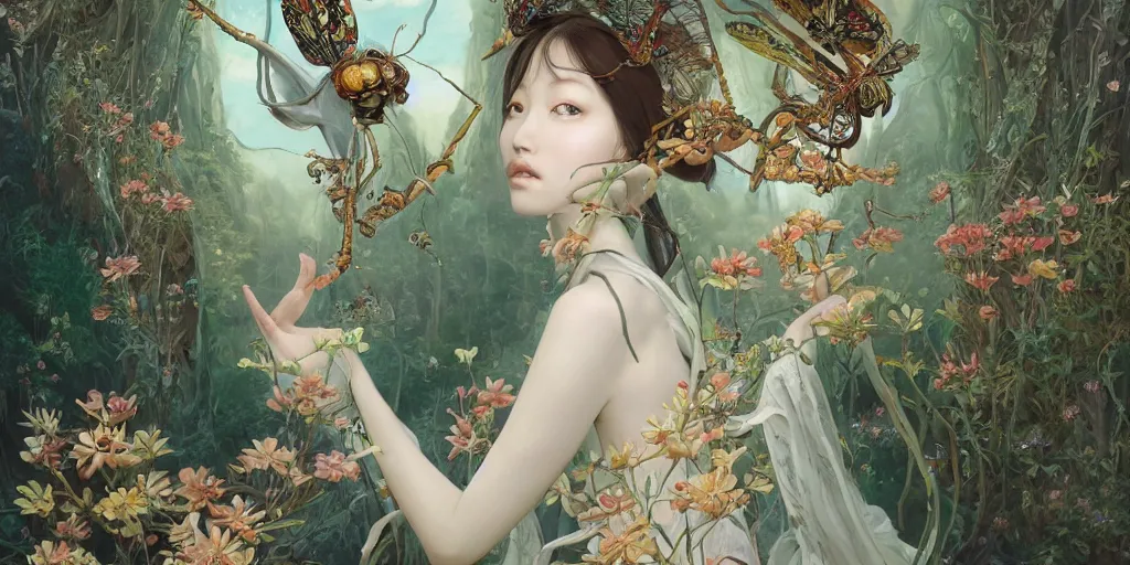 Prompt: breathtaking detailed concept art painting of the goddess of insects, orthodox saint, with anxious, piercing eyes, ornate background, amalgamation of leaves and flowers, by Hsiao-Ron Cheng, James jean, Miho Hirano, Hayao Miyazaki, extremely moody lighting, 8K