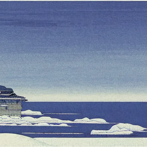 Image similar to a boat on the sea,panorama,snowy day, Kawase Hasui