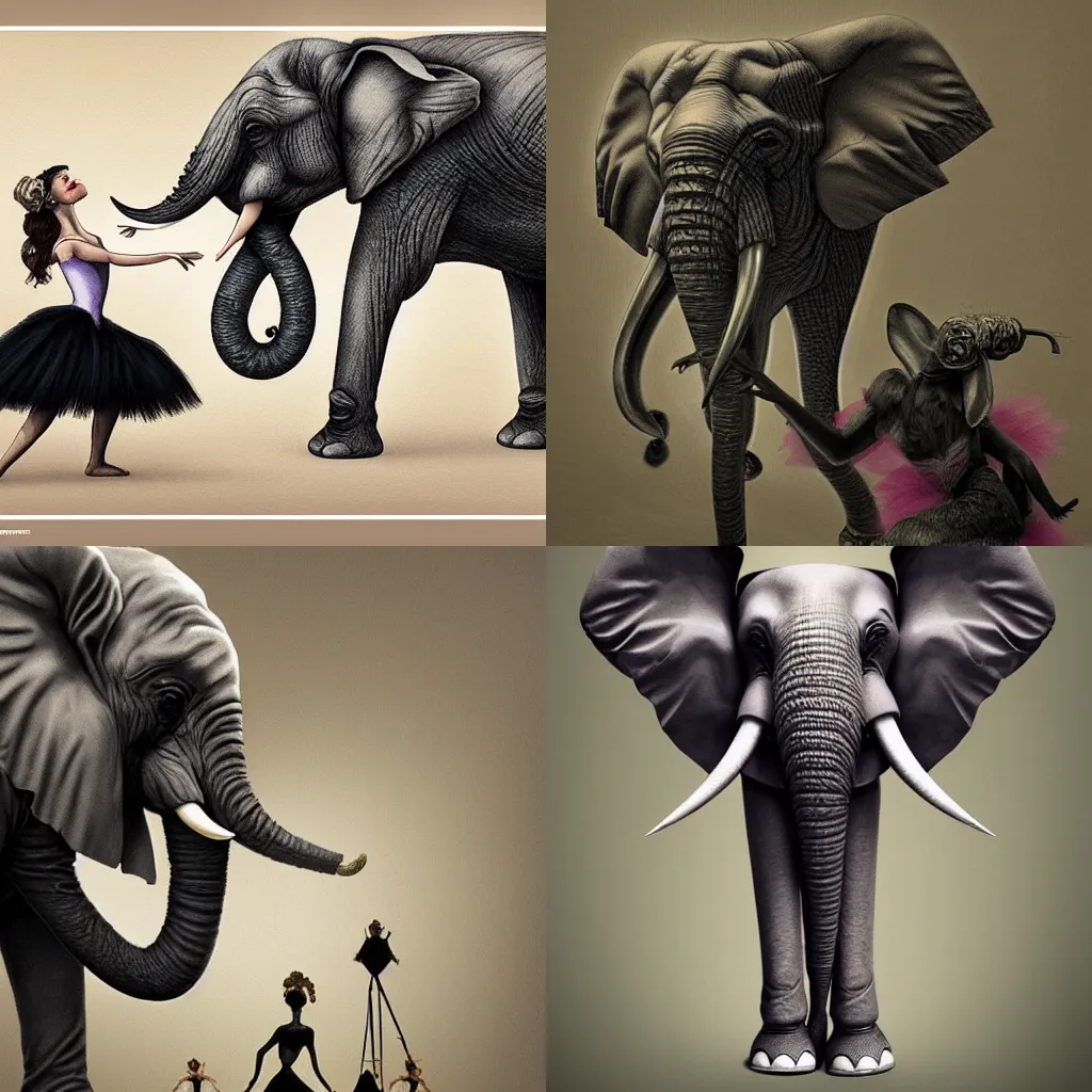 Prompt: an elephant wearing a tutu teaching ballet, giger, artstation