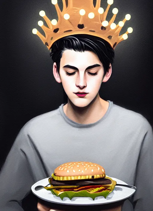 Image similar to portrait of teenage jughead jones wearing a light grey crown, crown, eating hamburger, eyes closed, crown, black hair, intricate, elegant, glowing lights, warm lighting, highly detailed, digital painting, artstation, concept art, smooth, sharp focus, illustration, art by wlop, mars ravelo and greg rutkowski