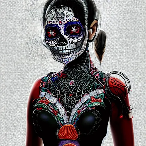 Prompt: ultra detailed, beautiful cute girl wearing modern stylish costume in the style of Assamese bihu mekhela sador gamosa design, dia de los muertos, scifi, cyberpunk, fantasy, intricate details, eerie, movie still, airbrush, elegant, super highly detailed, professional digital painting, artstation, concept art, smooth, sharp focus, no blur, no dof, extreme illustration, Unreal Engine 5, Photorealism, HD quality, 8k resolution, cinema 4d, 3D, beautiful, cinematic, art by artgerm and michael welan and DZO and greg rutkowski and alphonse mucha and loish and WLOP