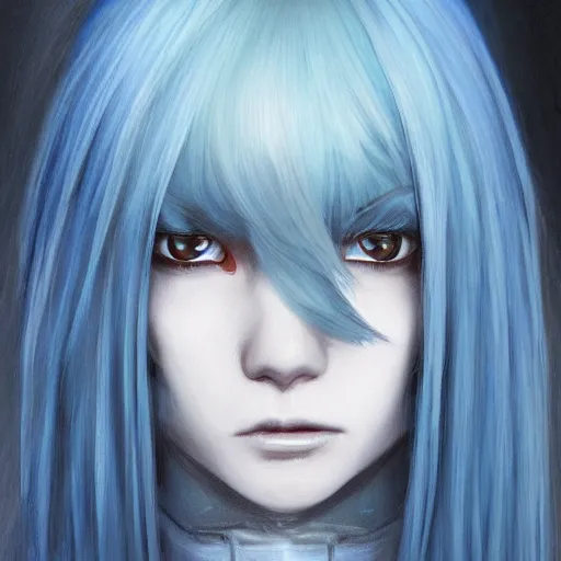 Image similar to portrait of rimuru tempest, sky blue straight hair, long bangs, with amber eyes, wearing a black jacket, high collar, ultra detailed, brush strokes, skin texture, digital painting, cinematic, wlop artstation, closeup, pixiv, eerie, scary, intimidating glare, evil, junji ito, yoshitaka amano