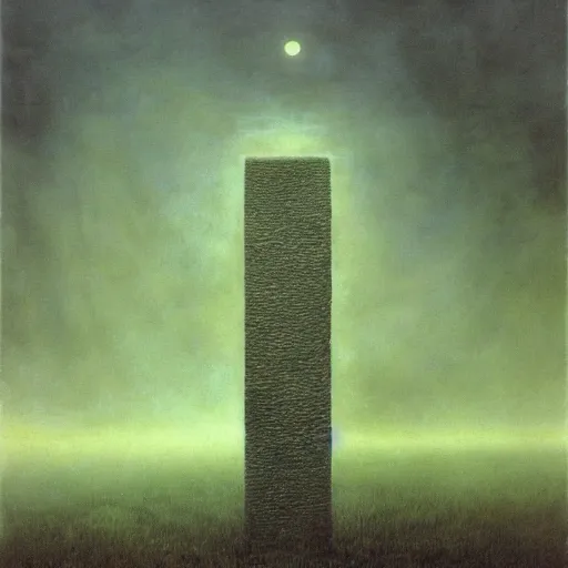 Prompt: thick fog, stelae levitating in the sky, untethered stelae, zdzislaw beksinski
