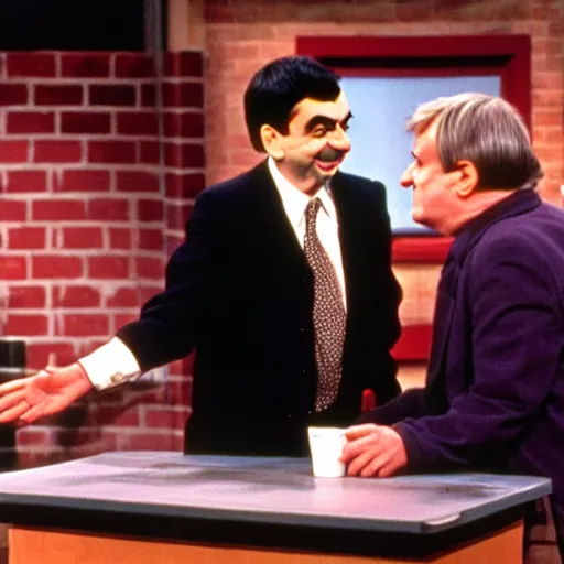 Image similar to mr. bean on the jerry springer show fighting with another guest. 3 5 mm film, movie still, tv show, talkshow