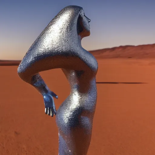 Prompt: 4 k hdr wide angle sony a 7 photo of a stainless steel shiny reflective woman female statue dancing on mars during a blue martian sunset